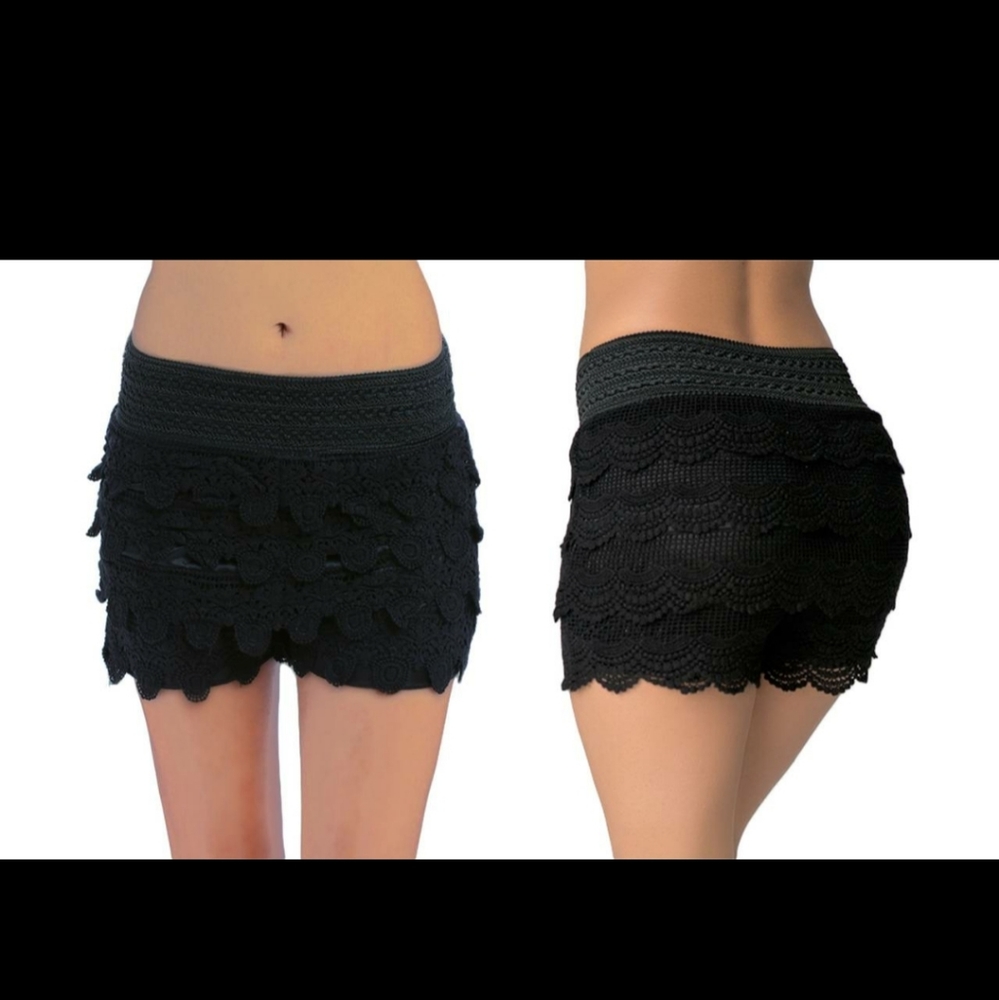 Black tiered crochet shorts